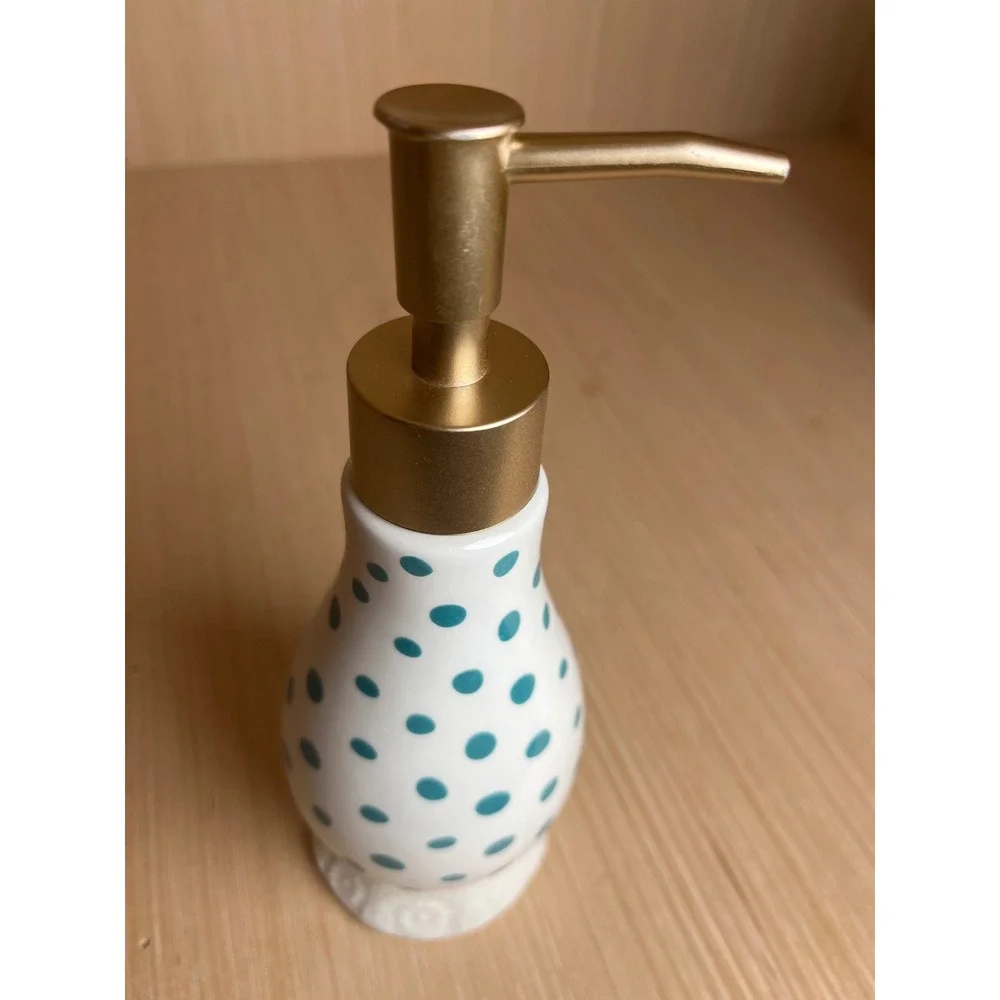 The Pioneer Woman Teal Polka Dot Earthenware Soap Dispenser Gold Pump Retired